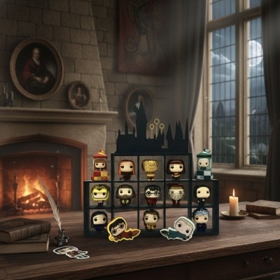 Display de figuras Funko Pop Harry Potter em ambiente interior com lareira e janelas grandes