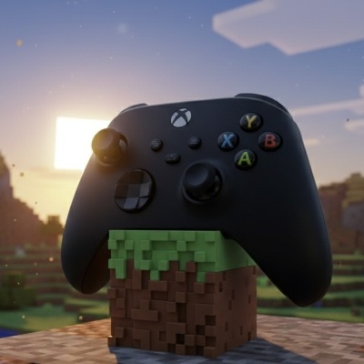 Comando Xbox preto com botões coloridos A, B, X e Y em bloco Minecraft