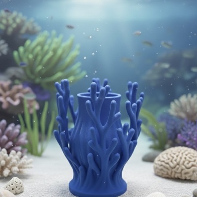 Vaso decorativo azul em ambiente subaquático com areia e corais