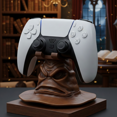 Comando de videojogo branco e preto sobre suporte em forma de chapéu com rosto expressivo de madeira