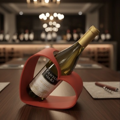 Garrafa de vinho branco Canyon Oaks no suporte de vinho vermelho em forma de coração numa mesa de madeira
