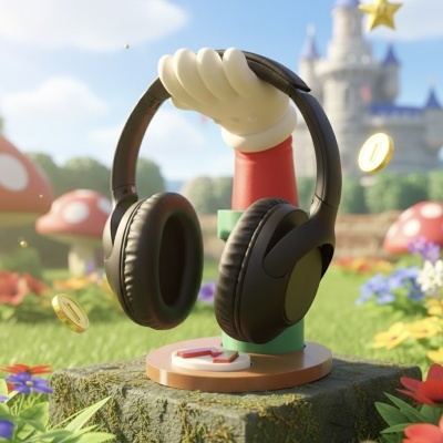 Auscultadores negros com almofadas macias numa mão branca sobre uma base colorida num jardim com flores e castelo ao fundo