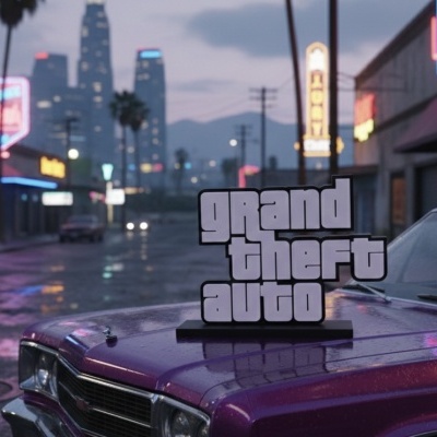 Veículo roxo com suporte mostrando texto grand theft auto em rua noturna com luzes neon