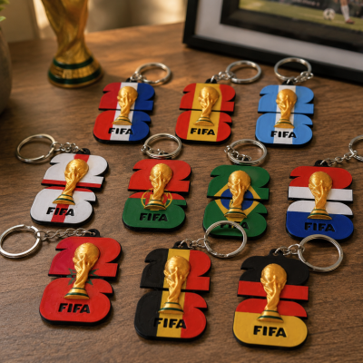 Chaveiros 2026 com taça FIFA dourada em várias cores sobre uma mesa de madeira