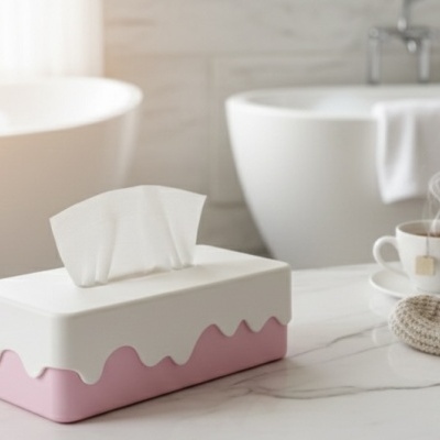 Caixa de lenços de papel preta e branca sobre mesa de mármore com chávena e banheira ao fundo