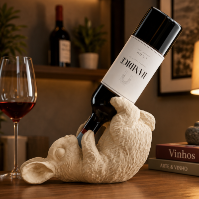 Suporte de garrafa de vinho em forma de rato com garrafa de vinho tinto HANDICE numa mesa