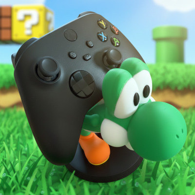 Comando de videojogo preto com personagem Yoshi verde na base em relva e fundo de jogo colorido