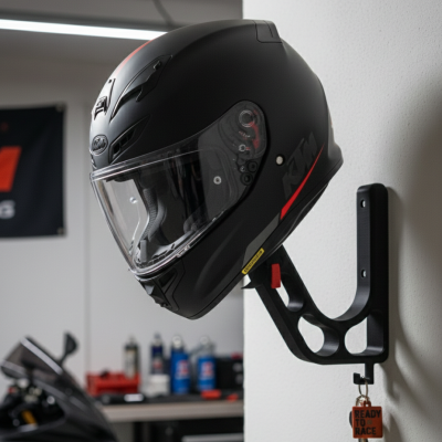 Capacete de moto integral preto com viseira transparente num suporte de parede preto