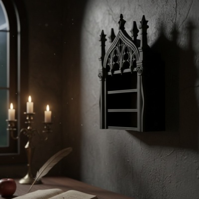 Estante de parede gótica em madeira escura com três prateleiras junto a mesa com castiçal, livro e maçã