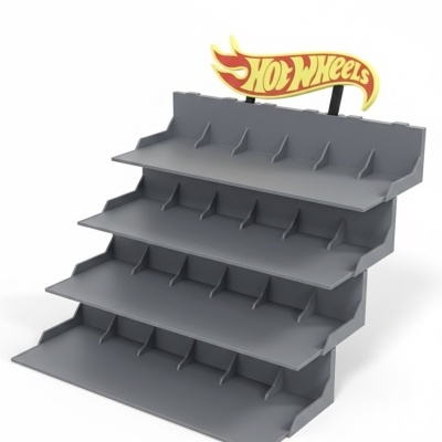 Expositor prateleiras cinzentas para Hot Wheels com logótipo no topo