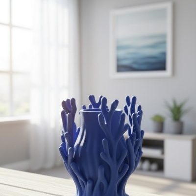 Vaso decorativo azul com design de corais em mesa de madeira em interior moderno