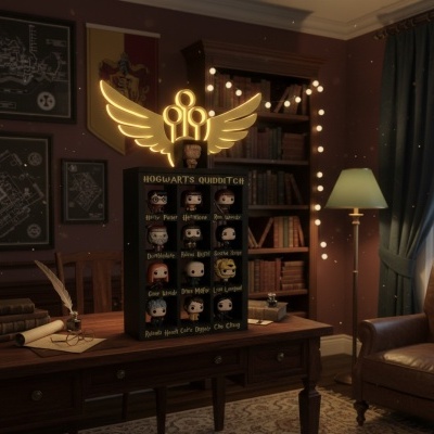 Expositor de mini-figuras de Harry Potter com moldura iluminada dourada em formato de baliza de Quaffle, em mesa de madeira num quarto com estante e decoração acolhedora.