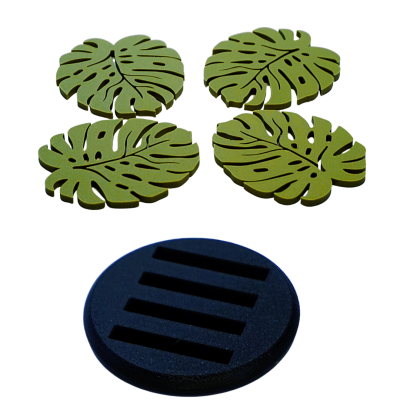 Bases de copos verdes em forma de folhas e suporte preto redondo