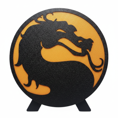 Produto redondo com recorte preto de dragão sobre fundo laranja, apoiado em pernas pretas.