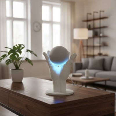 Dispositivo esférico cinzento iluminado em mão branca esculpida sobre mesa de madeira