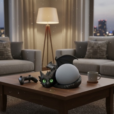 Mesa de centro com figura de dragão preto, esfera branca, comando preto, chávena cinza, sofás cinzentos e candeeiro de pé