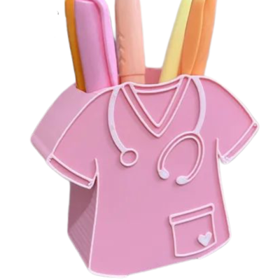 Porta-canetas silicone cor-de-rosa formato t-shirt com marcadores coloridos