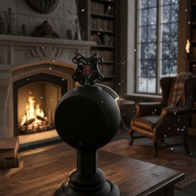 Dispositivo preto redondo com emblema H num quarto com lareira e livros