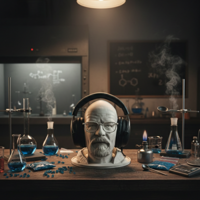 Escultura de cabeça com óculos e auscultadores numa mesa com frascos de laboratório e cristais azuis