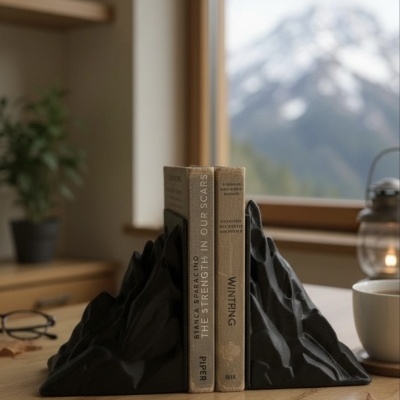 Suportes para livros com design de montanhas em mesa de madeira perto de janela com vista de montanhas nevadas