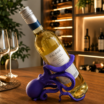Garrafa de vinho branco num suporte polvo roxo numa mesa com duas taças e prateleiras de vinhos