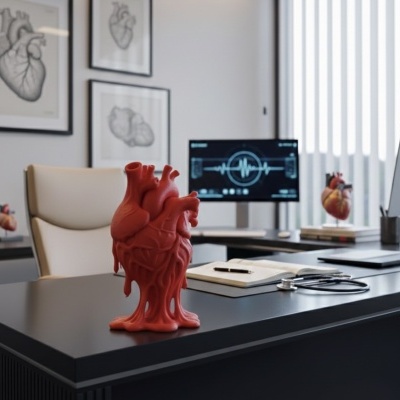 Modelo anatómico de coração vermelho numa mesa de consultório médico
