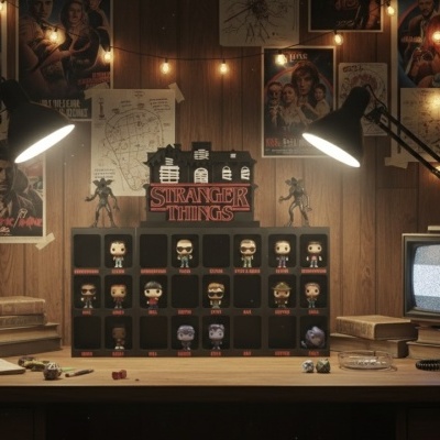 Bonecos Funko Pop da série Stranger Things numa estante preta, com posters e lâmpadas numa parede de madeira.
