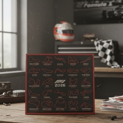 Póster oficial dos circuitos de Fórmula 1 2026 em destaque numa oficina