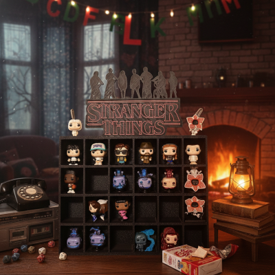 Expositor de bonecos Funko Pop Stranger Things numa sala com lareira, telefone e lanterna.