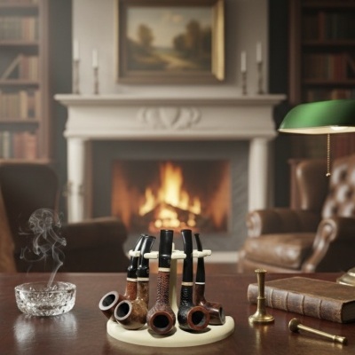 Conjunto de cachimbos em suporte sobre mesa de madeira, com cinzeiro de vidro fumegante e livro antigo ao lado, lareira ao fundo
