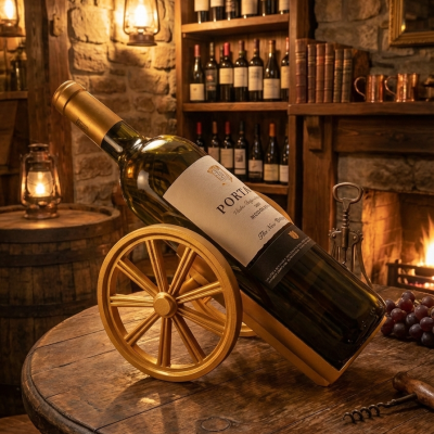 Garrafa de vinho do Porto em suporte dourado em forma de roda sobre mesa de madeira em ambiente acolhedor com lareira acesa