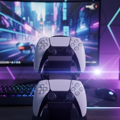 Dois comandos PlayStation 5 num carregador com fundo de monitor futurista.