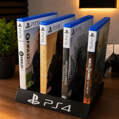 Caixas de videojogos PS5 organizadas em suporte preto com logo PS4 sobre mesa de madeira