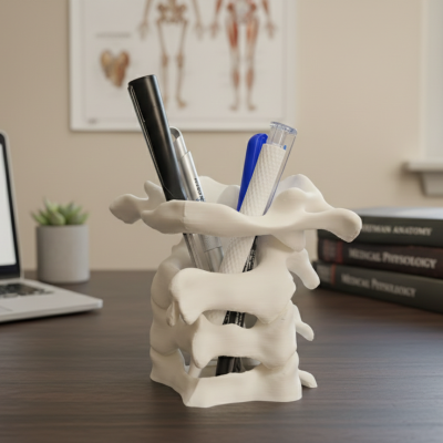 Suporte para canetas design vértebras em branco sobre mesa com laptop e livros médicos