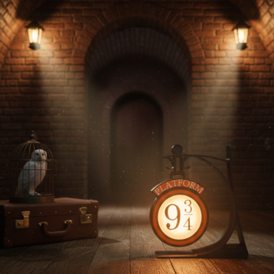 Sinal luminoso vintage PLATFORM 9 3/4 ao lado de mala e gaiola com coruja, em ambiente com paredes de tijolos.
