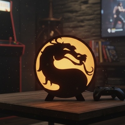 Lâmpada decorativa redonda com design de dragão preto iluminada em amarelo numa mesa de madeira