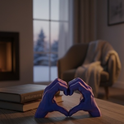 Escultura de mãos azuis formando um coração numa mesa com livros e lareira ao fundo