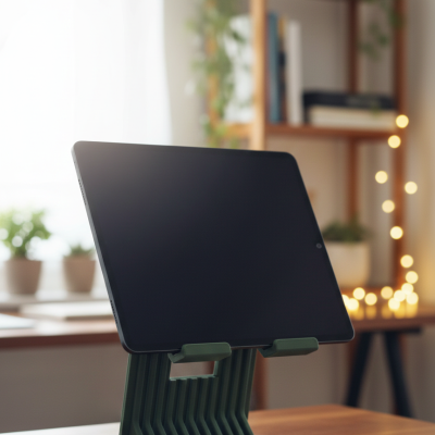 Suporte de mesa verde a segurar um tablet preto com bloco de notas e clipes em ambiente interior.