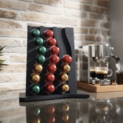 Organizador preto para cápsulas de café coloridas em bancada de cozinha