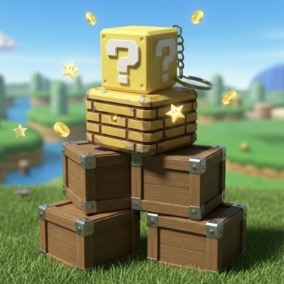 Keychain com bloco de interrogação e bloco de tijolos em cima de caixas de madeira num cenário de relva