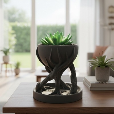 Vaso decorativo cinza com suculenta verde em suporte de raízes, sobre mesa de madeira numa sala luminosa