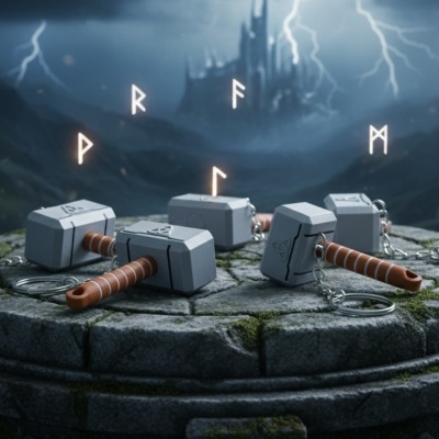 Porta-chaves em forma de martelos sobre pedra circular com fundo de ruínas e relâmpagos