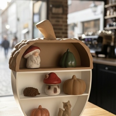 Prateleira decorativa em forma de noz com figuras em cerâmica de gnomos, abóboras, casa de cogumelo, ouriço e raposa.