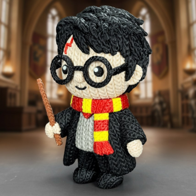 Boneco de malha de personagem com óculos e varinha