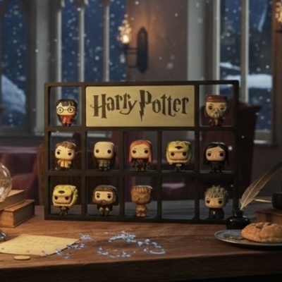 Expositor de mini figuras de Harry Potter em madeira sobre mesa com livros e decoração