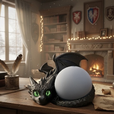 Suporte de altifalante em forma de dragão negro com olhos verdes numa mesa de madeira