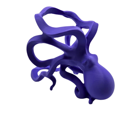 Escultura azul em forma de polvo com tentáculos curvos.