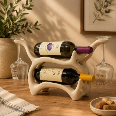 Suporte cerâmico bege com duas garrafas de vinho e copos invertidos em mesa de madeira