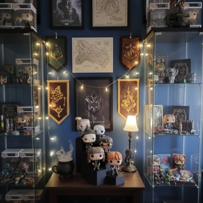 Coleção de bonecos Funko Pop de Harry Potter com decoração temática e vitrines de vidro.