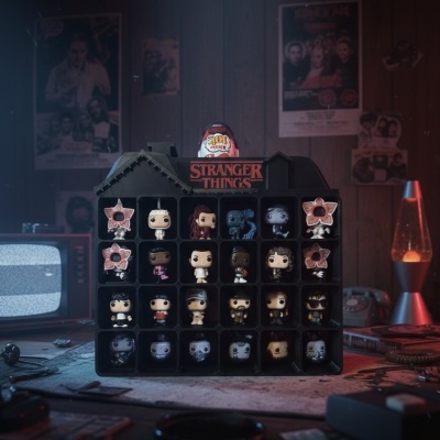 Expositor casa preto com mini figuras Stranger Things em mesa retro com televisão e lava lamp.